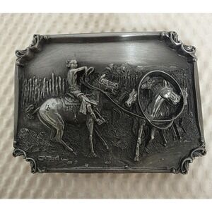 "Navajo Wild Horse Hunter" Belt Buckle # 5922 Charles Russell Silver Siskiyou